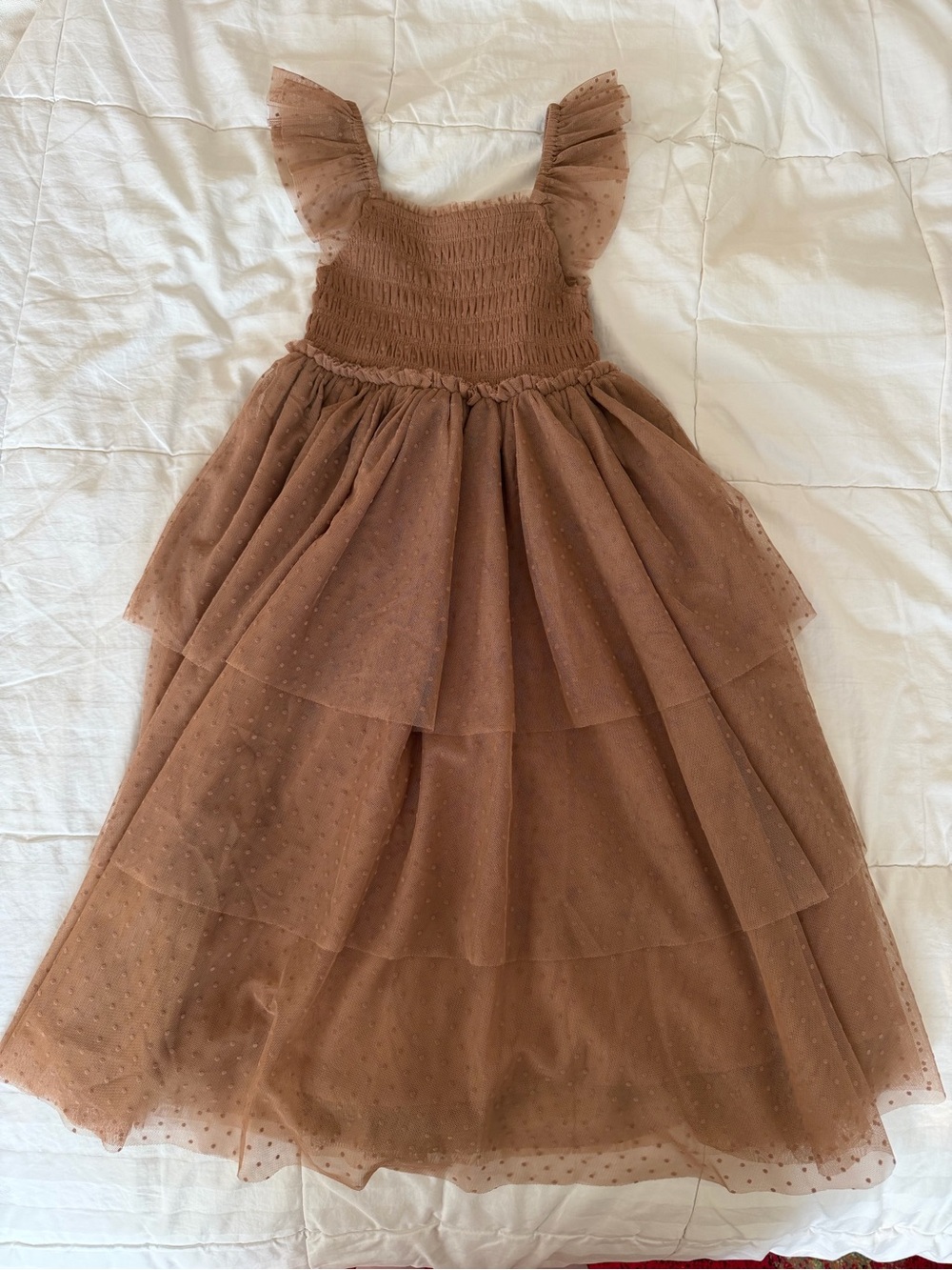 Brown Tulle Ruffle-Sleeve Girls Formal Dress